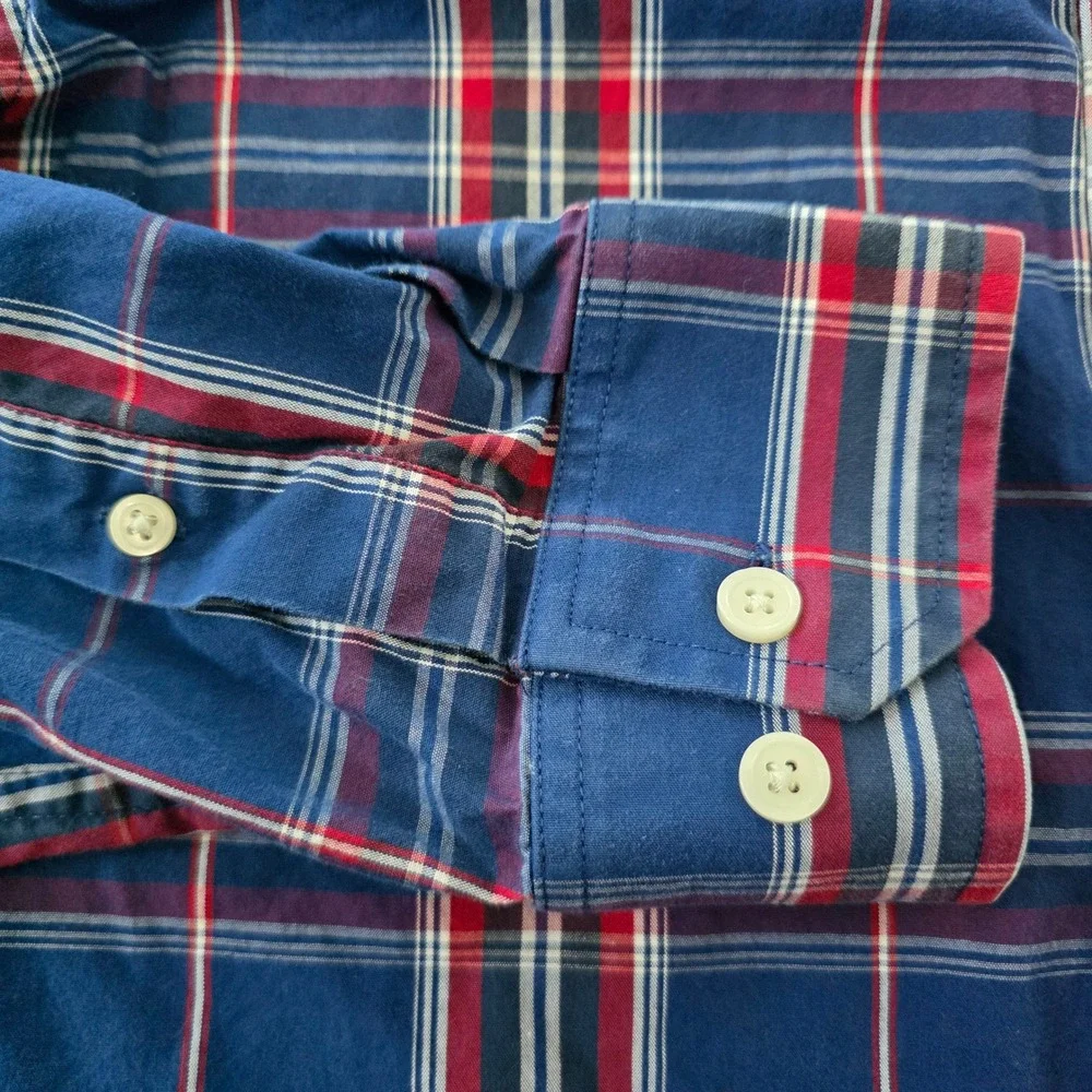 Banana Republic Mens Tailored Slim Fit Plaid Button Down Shirt Navy Red Size M